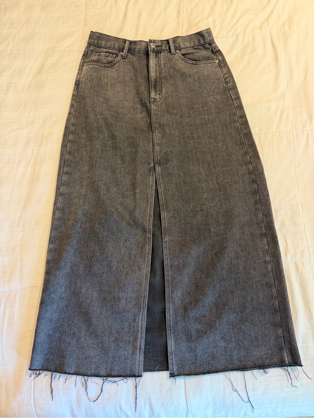 By Together Gray High-Rise Denim Midi Skirt with Front Slit